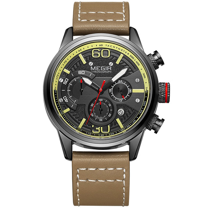 Megir 2110 Fashion Men Watch Waterproof Luminous Display Chronograph Leather Strap Sport Quartz Watch