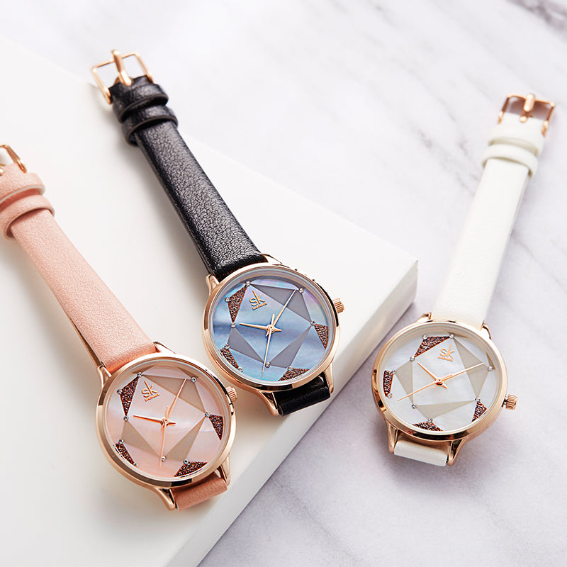 SHENGKE SK K0117 Simple Geometric Triangle Crystal Dial Female Fashion Leather Strap Women Quartz Watch