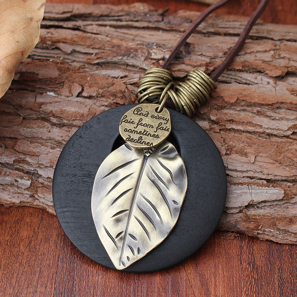 Ethnic Wood Alloy Leaf Pendant Necklaces Vintage Leather Rope Long Sweater Necklace For Men