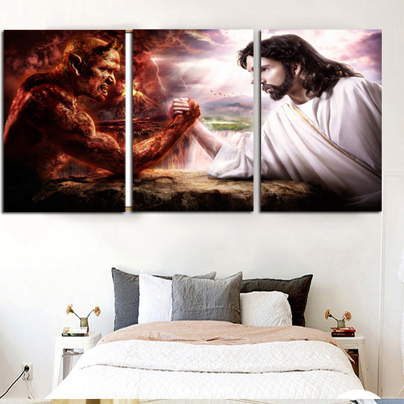 Miico Hand Painted Three Combination Decorative Paintings Satan and Jesus Wall Art For Home Decoration