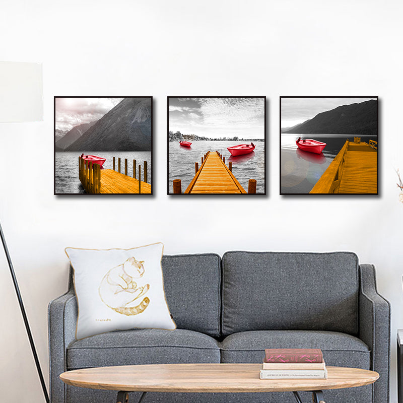Miico Hand Painted Three Combination Decorative Paintings Red Boat Wall Art For Home Decoration