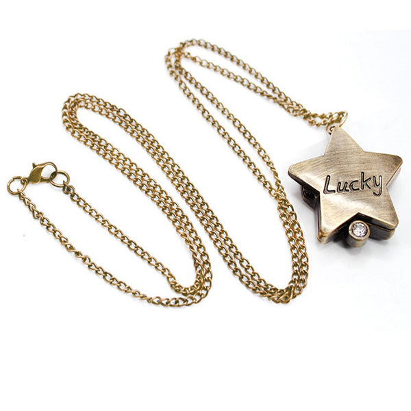 DEFFRUN Star Shape Lucky Word Retro Style Bronze Quartz Pocket Watch