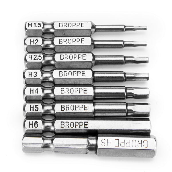 Broppe 8pcs 50mm H1.5-H8 Hex Head Screwdriver Bit 1/4 Inch Hex Shank Magnetic Screwdriver Bits