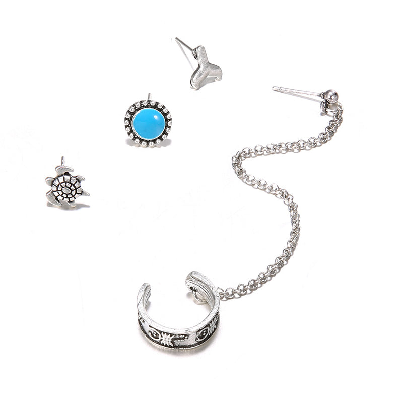 Ethnic Antique Silver Ear Stud Earring Flower Round Chain Earrings Elegant Jewelry for Women