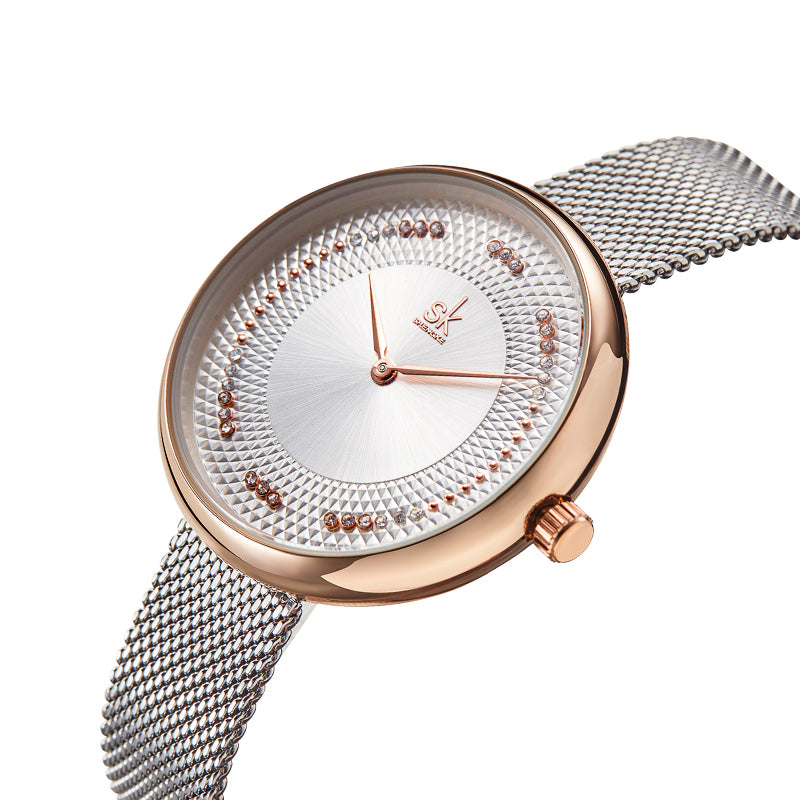 SHENGKE SK K0132 Full Steel Crystal Dial Fashion Women Elegant Quartz Watch