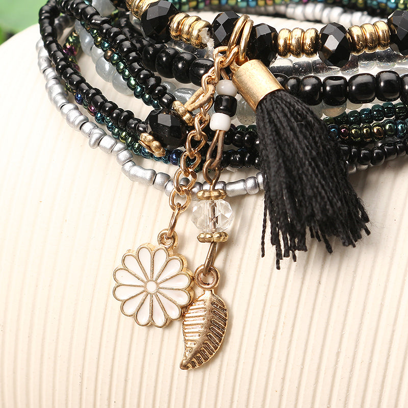 Bohemian Tassel Flower Leaf Pendant Multilayer Beads Bracelets for Women