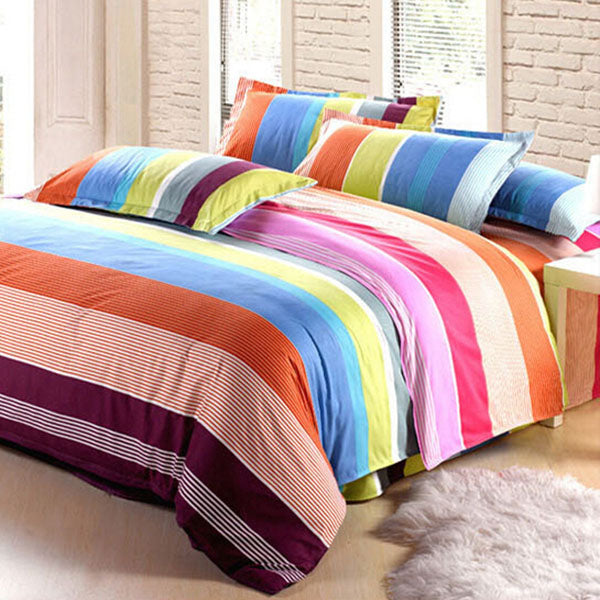 Polyester Colorful Stripes Single Queen King Reactive Bedding Set Bed Sheet Duvet Cover Pillowcase