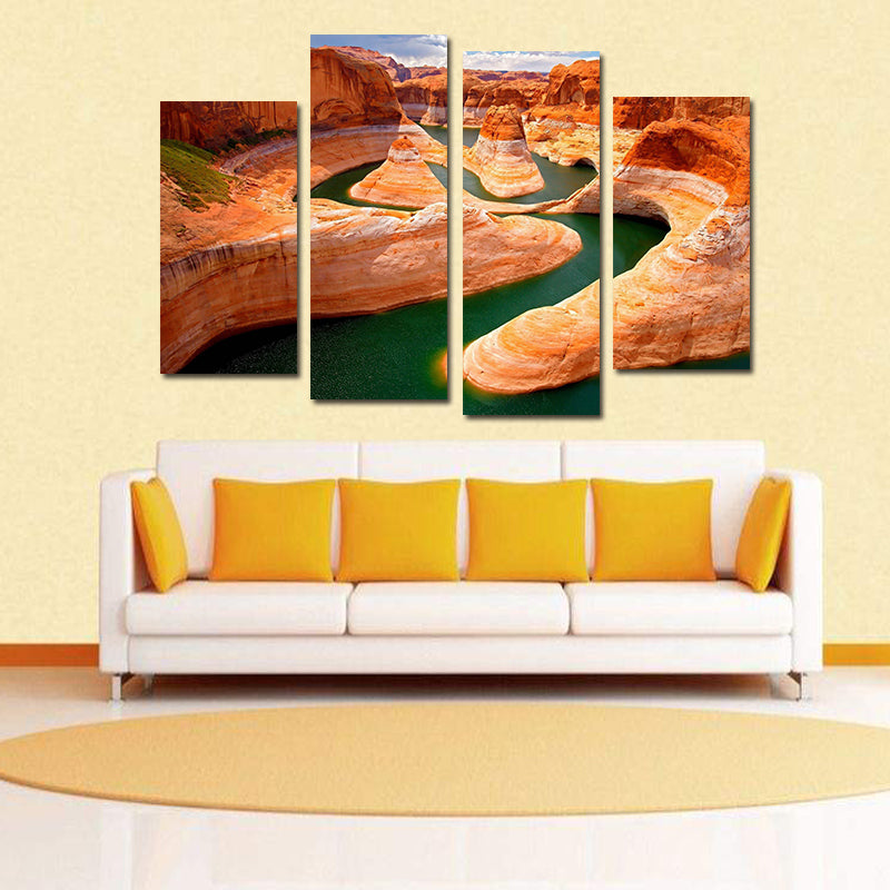 Miico Hand Painted Four Combination Decorative Paintings Canyon River Wall Art For Home Decoration