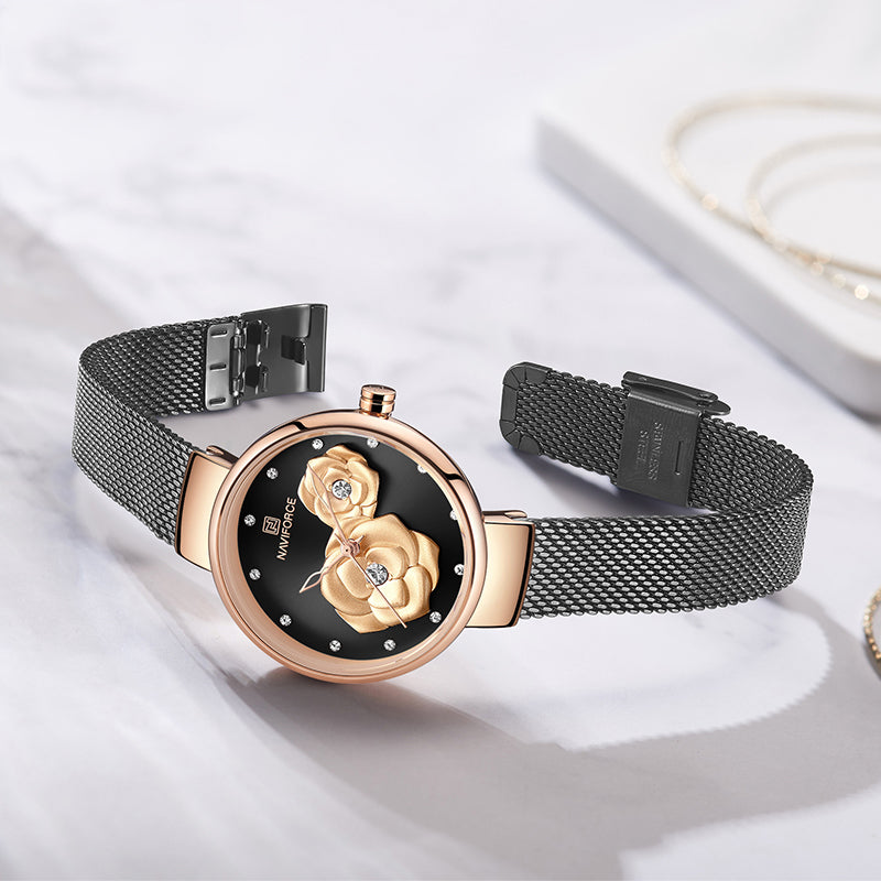 NAVIFORCE 5013 Emboss Dial Unique Style Ladies Wrist Watch Mesh Steel Band Quartz Watch