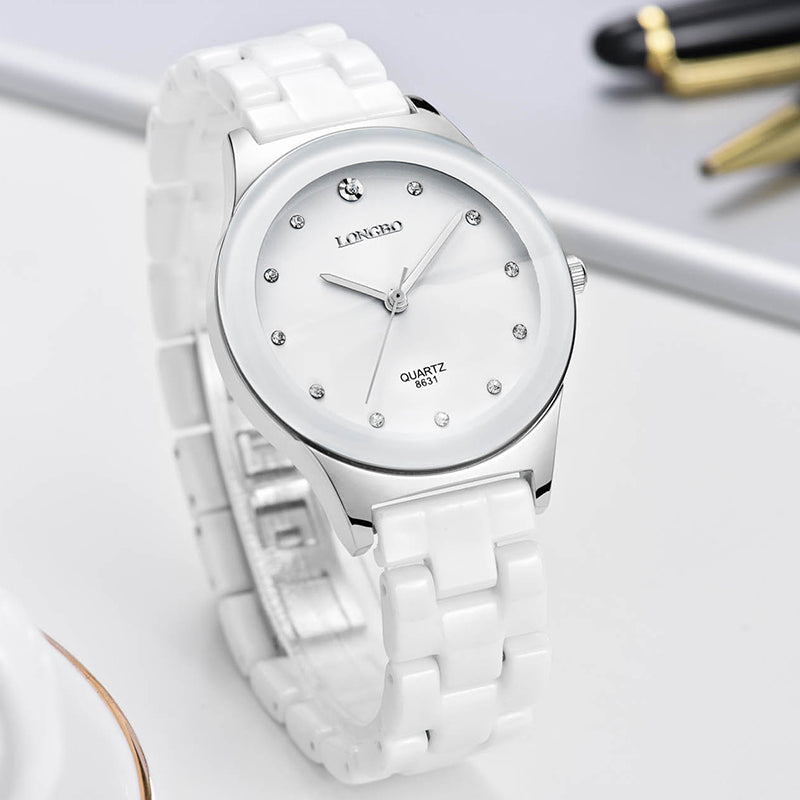 LONGBO 8631 White Ceramic Diamond Couple Watch Waterproof Casual Style Unisex Quartz Watch