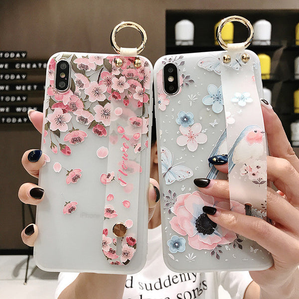 Bakeey Blossom Embossed Soft Silicone Protective Case with Wristband Holder for iPhone XS MAX XR X for iPhone 7 6 6S 8 Plus Back Cover