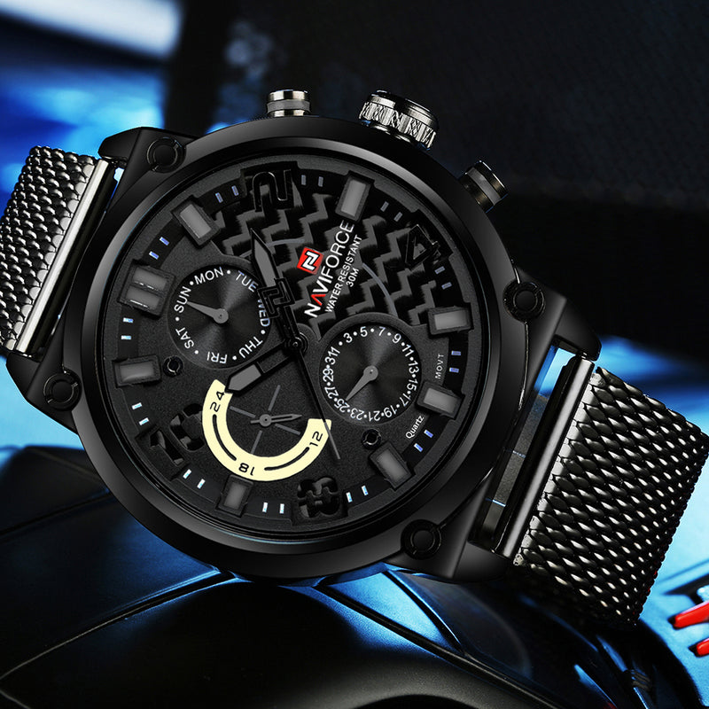NAVIFORCE 9068 Stainless Steel Strap Quartz Watches Waterproof Week Display Men Watch