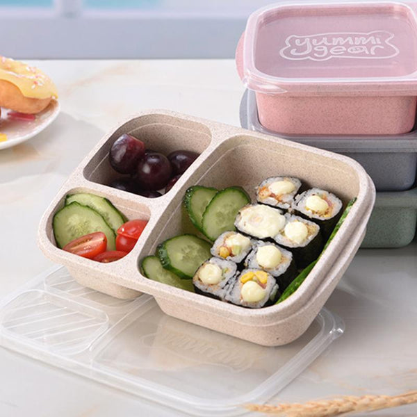 Wheat Straw Lunchbox 3 Grids With Lid Fruit Food Box Storage Container Biodegradable Bento Lunch Box