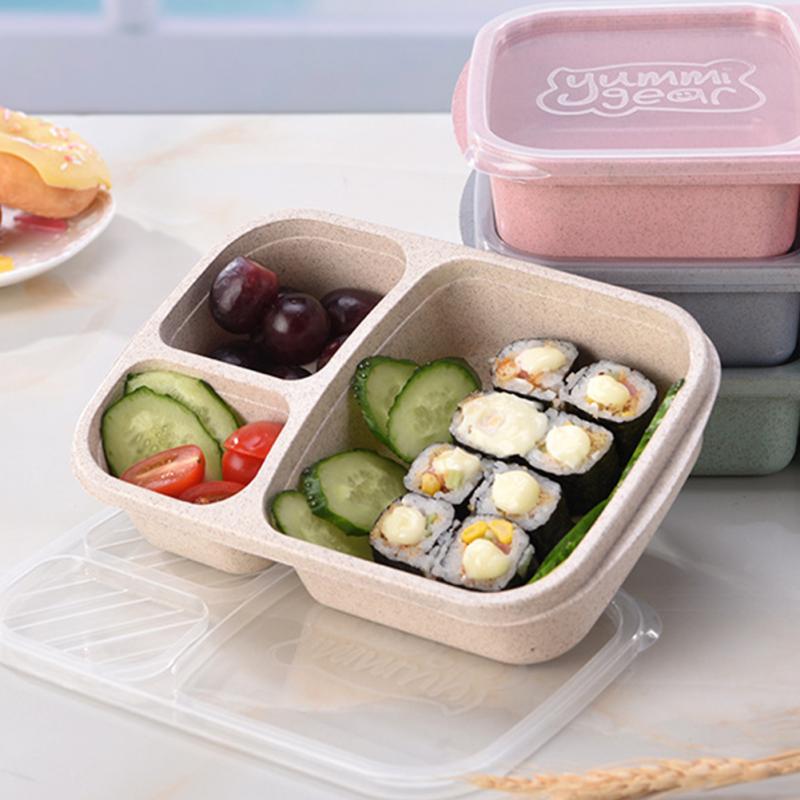 Wheat Straw Lunchbox 3 Grids With Lid Fruit Food Box Storage Container Biodegradable Bento Lunch Box