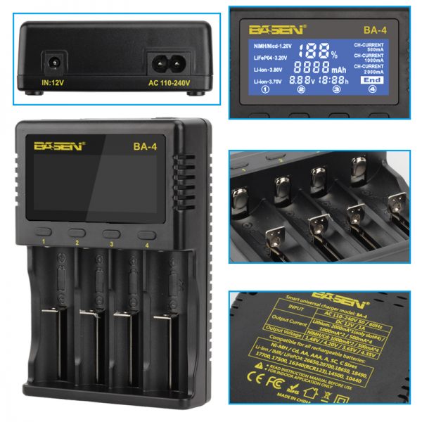 Basen BA-4 Battery Charger LCD Screen US Plug LCD Display Charger For 26650 21700 20700 18650 18490 18350 17670 17500 16340(RCR123) 14500 10440 Battery