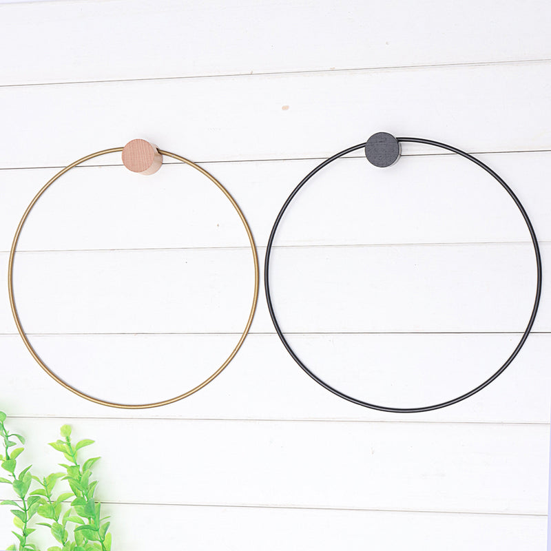 Self-Adhesive Iron Circle Round Towel Holder Ring Shape Shelf w/ Wooden Hook Wall Mount Rack Bathroom