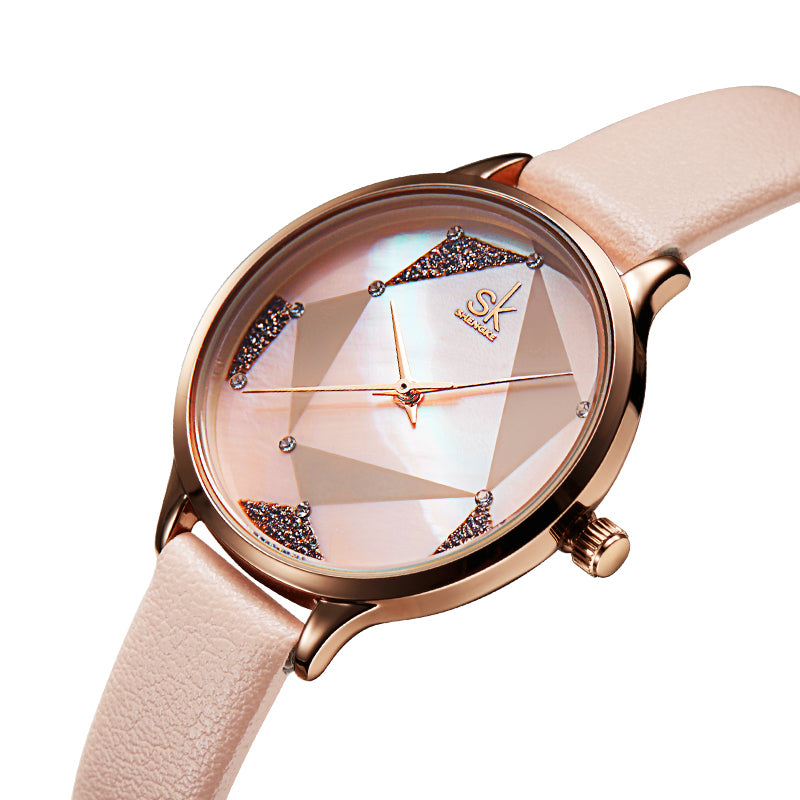 SHENGKE SK K0117 Simple Geometric Triangle Crystal Dial Female Fashion Leather Strap Women Quartz Watch