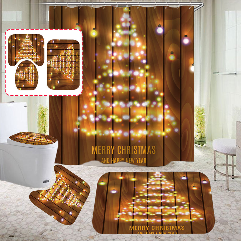 Wooden Strip Christmas Tree Bathroom Shower Curtain Non-slip Mats Toilet Cover