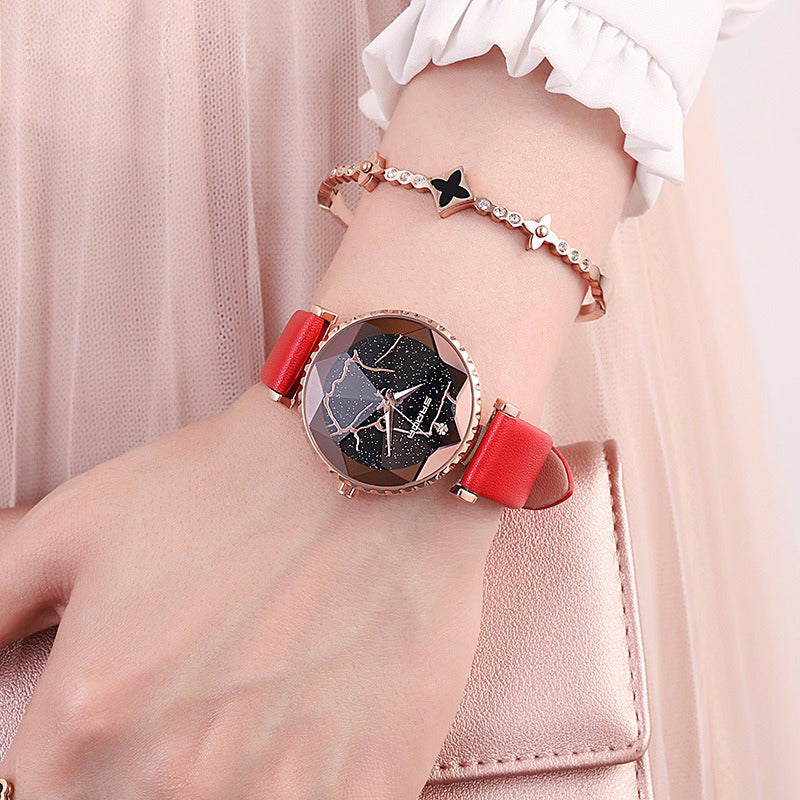 SANDA P231 Women Fashion Star Transparent Dial Leather Band Quartz Watch