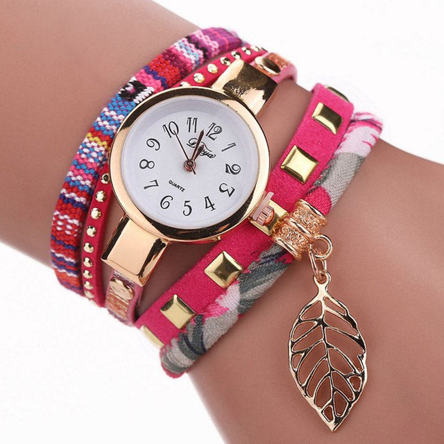 DUOYA DY066 Ladies Bracelet Watch Leaf Fabric Retro Style Quartz Watches