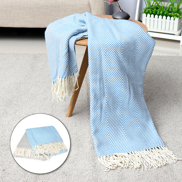 100% Cotton EHC Herringbone Single Or King Sofa Armchair Blankets Throw White & Blue