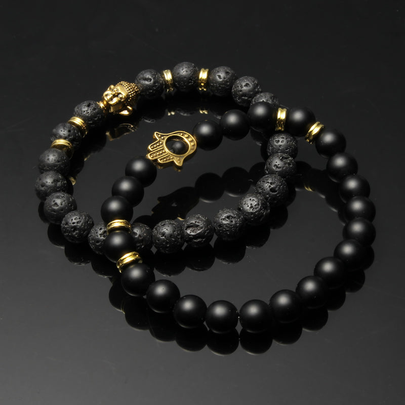2Ppcs Natural Black Lava Stone Beaded Bracelet Handmade Unisex Bracelets Set