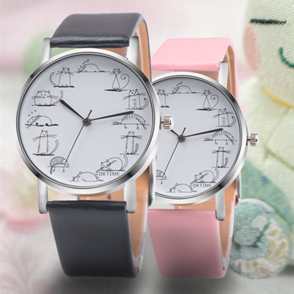 Cute Cat Pattern Fashion Leather Women Quartz Watch