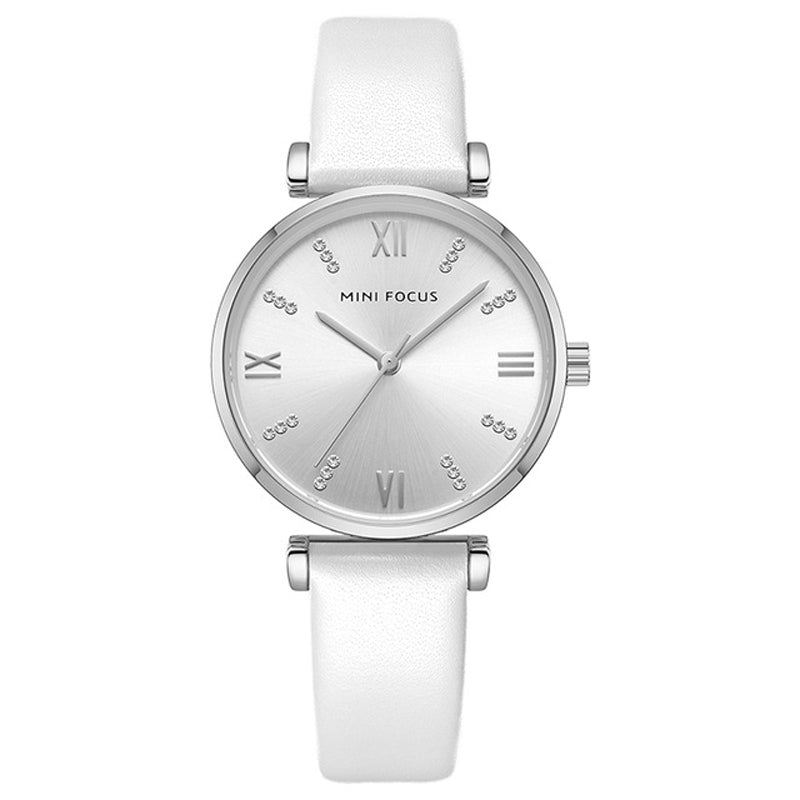 MINI FOCUS 0335L Fashion Zircon Decoration Women Watch Waterproof Genuine Leather Strap Quartz Watch