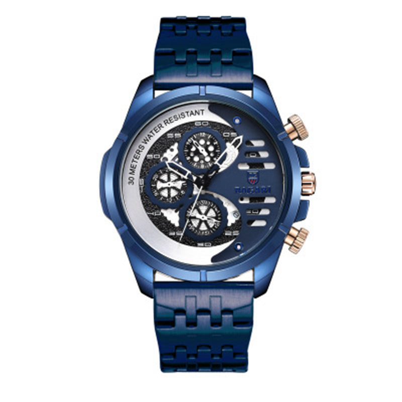 BAGARI 1822G All Dial Work Military Style Stainless Steel Strap Luminous Calendar Men Watch Quartz Watch