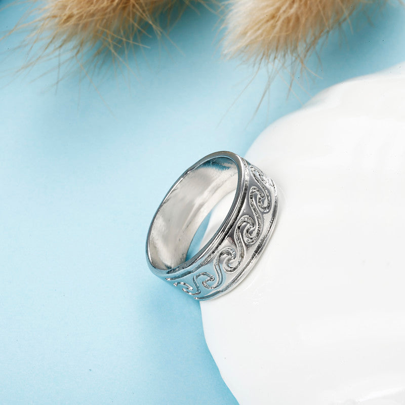 Vinatge Finger Ring Antique Silver Simple Engraved Pattern Wave Rings Ethnic Jewelry for Women Men
