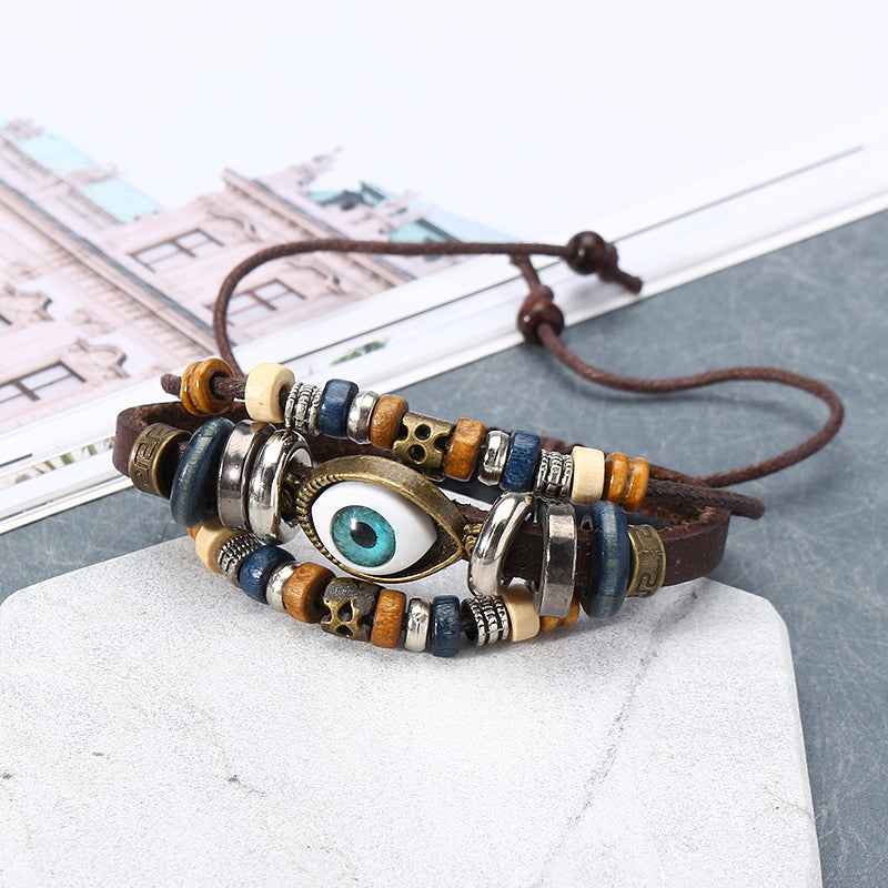 Multilayer Beaded Bracelet Eyeball Hand Woven Artificial Leather Bracelet for Women Men