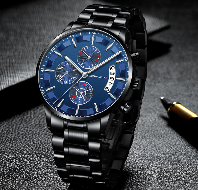 CRRJU 2261 Men Calendar Fashion Dial Simple Needle Full Steel Strap Luminous Display Quartz Watch