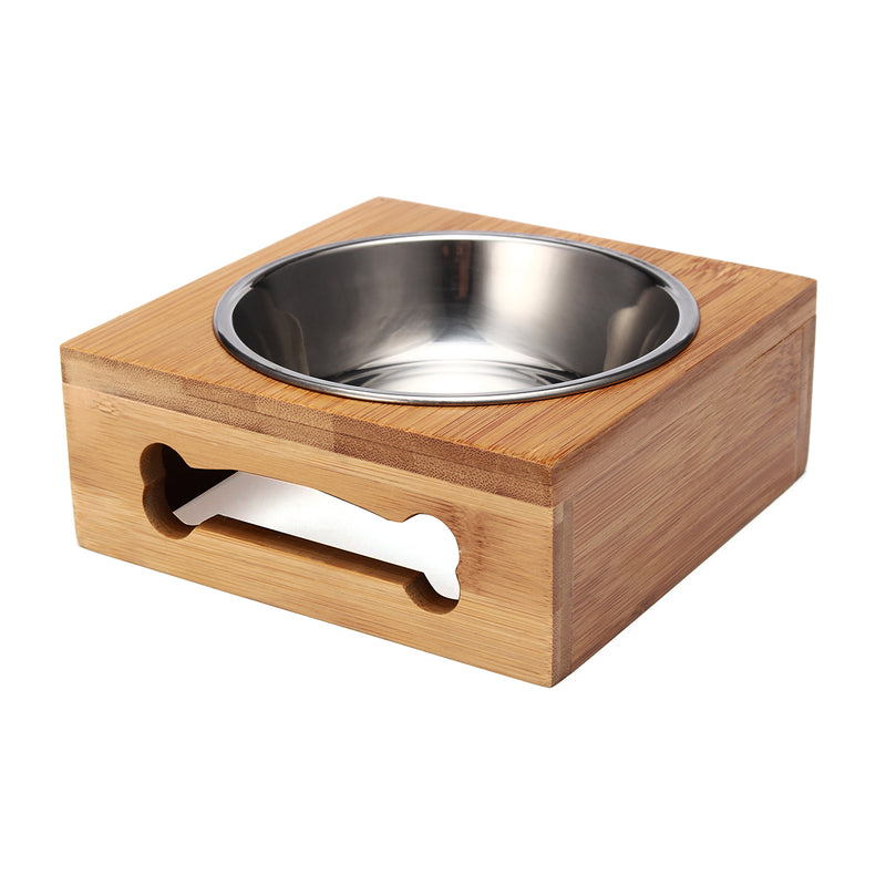 Pet Food Water Feeder Single Twin Bowls Bamboo Stainless Steel Dog Cat Dishes Pet Bowl