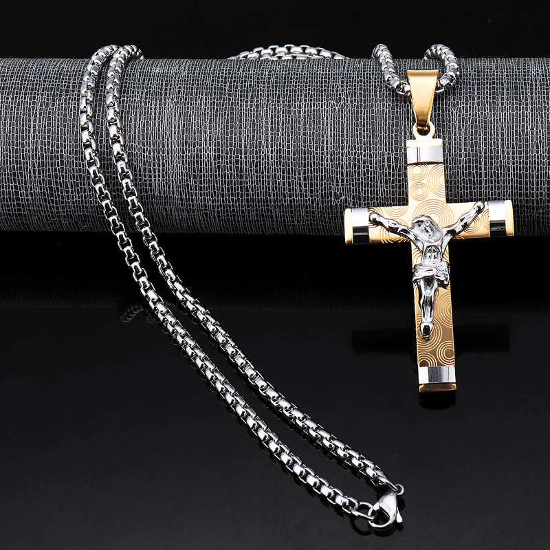 Stainless Steel Christ Jesus Cross Crucifix Patterned Pendant Necklace Chain