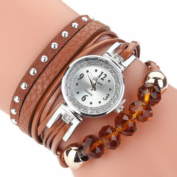 DUOYA D214 Crystal Casual Style Women Bracelet Watch Gift Leather Strap Quartz Watch