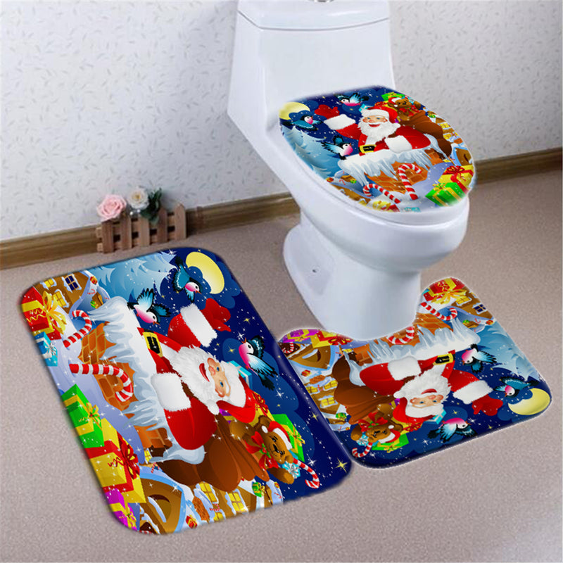 180X180 Santa Claus Christmas Gifts Shower Curtain with Hooks Waterproof Bathroom Carpet Set