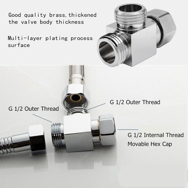 3 Way G 1/2'' Brass Shower Diverter Valve Angle Valve T-adapter Bathroom