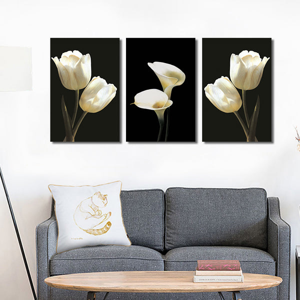 Miico Hand Painted Three Combination Decorative Paintings Botanic White Flower Wall Art For Home Decoration