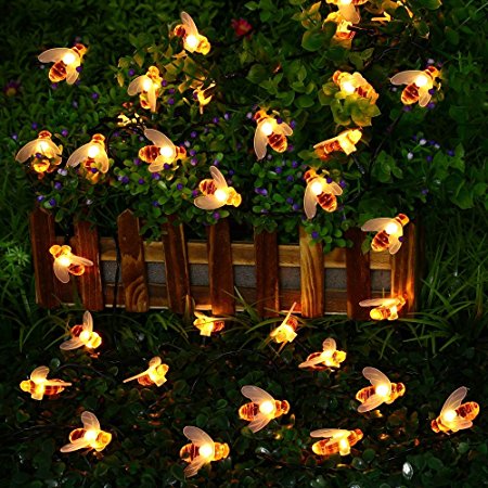 Solar Powered 5M 20LEDs Waterproof  Black Yellow Bee Fairy String Light for Garden Party Christmas