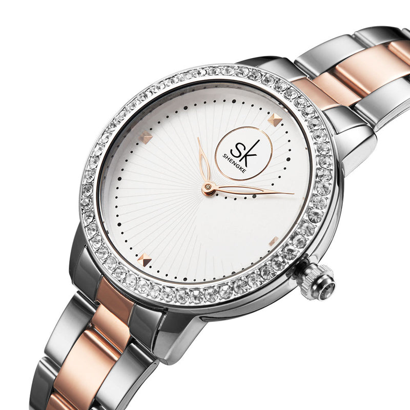 SHENGKE SK K0111 Full Steel Fashion Women Crystal Case Simple Needle Ladies Dress Quartz Watch
