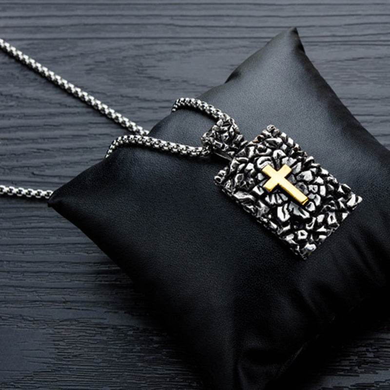 Retro Hip Hop Stainless Steel Titanium Steel Square Pendant Cross Men's Necklace