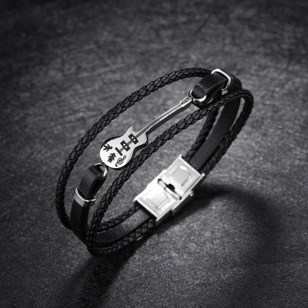 Creative Mini Guitar Men's Leather Multilayer Braided Titanium Steel Bracelet