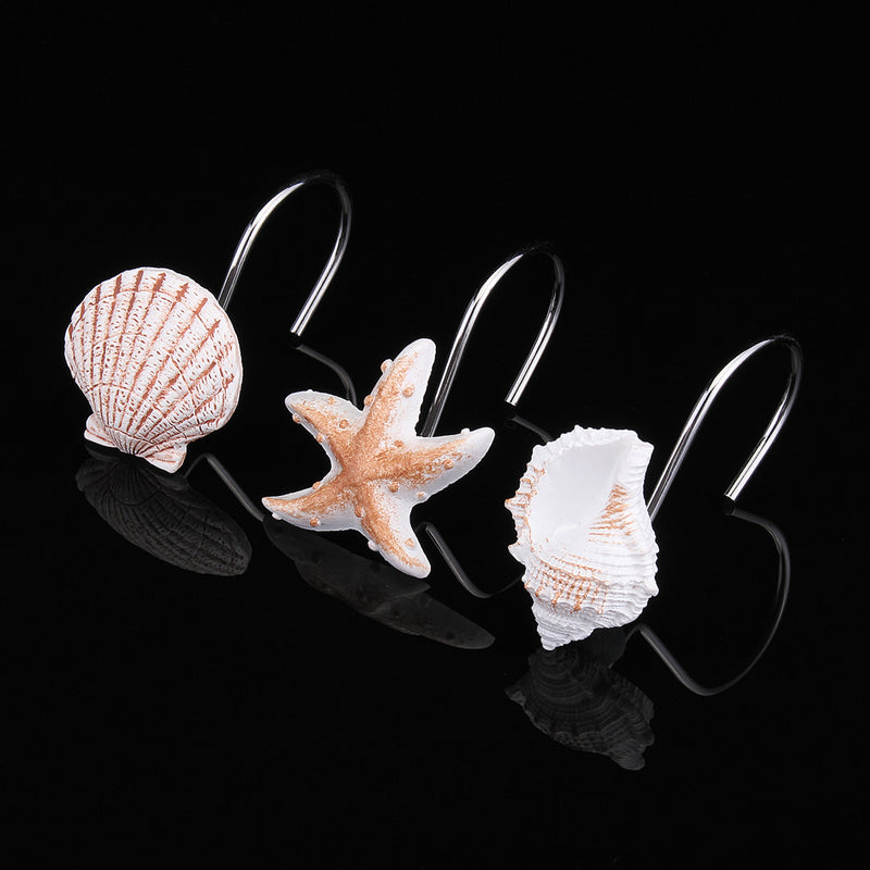 12Pcs/Pack Barthroom Shower Curtain Hooks Set for Shower Rod Beach Themed Starfish Shell Seashells Hook
