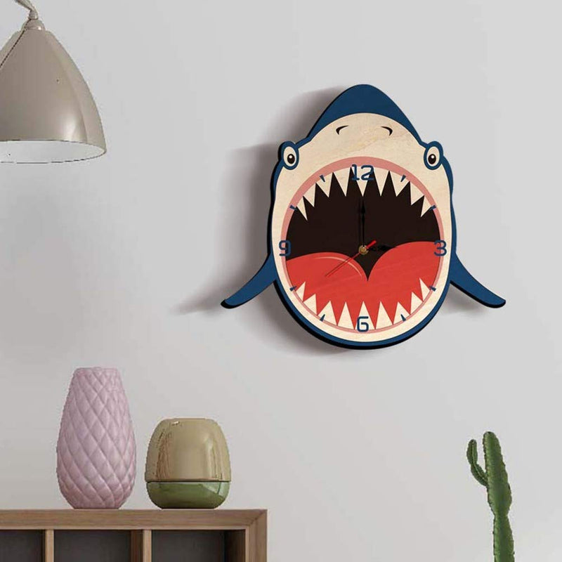 Creative Wooden Hang Clock Shark Shape Wall Watch Silent Mute Clock for Kids Bedroom Wall Decoration Wall Clock