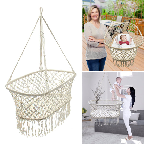 White Hanging Rope Macrame Hammock Chair Swing Baby Nursery Bassinet Cradle