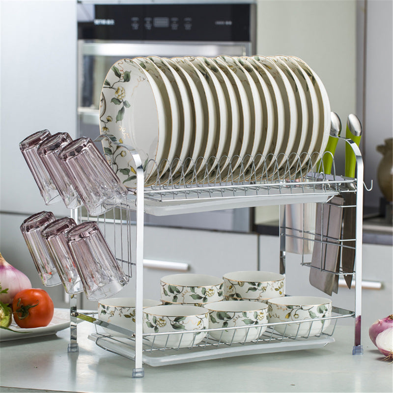 2 Tiers Dish Drying Rack Stainless Steel Over Sink Kitchen Cutlery Bowl Storage Holder