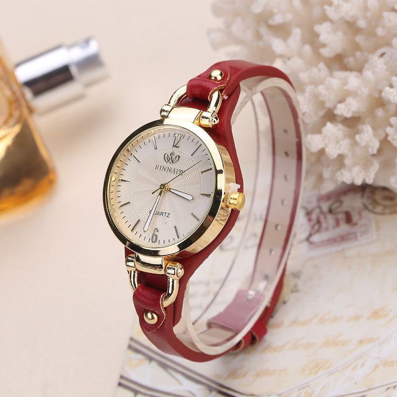 Fashion Colorful Leather Band Women Simple Dial Rose Gold Case Quartz Watch