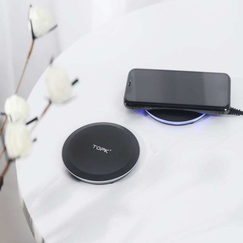 TOPK 10W LED Indicator Fast Charging Wireless Charger For iPhone 8 8Plus X XS/Dorid Turbo/Moto 360 Smart Watch/Moto Droid Maxx/Google Nexus/ HUAWEI P30 Mate20 Pro/ Oneplus 7/XIAOMI MI9 S10 S10+