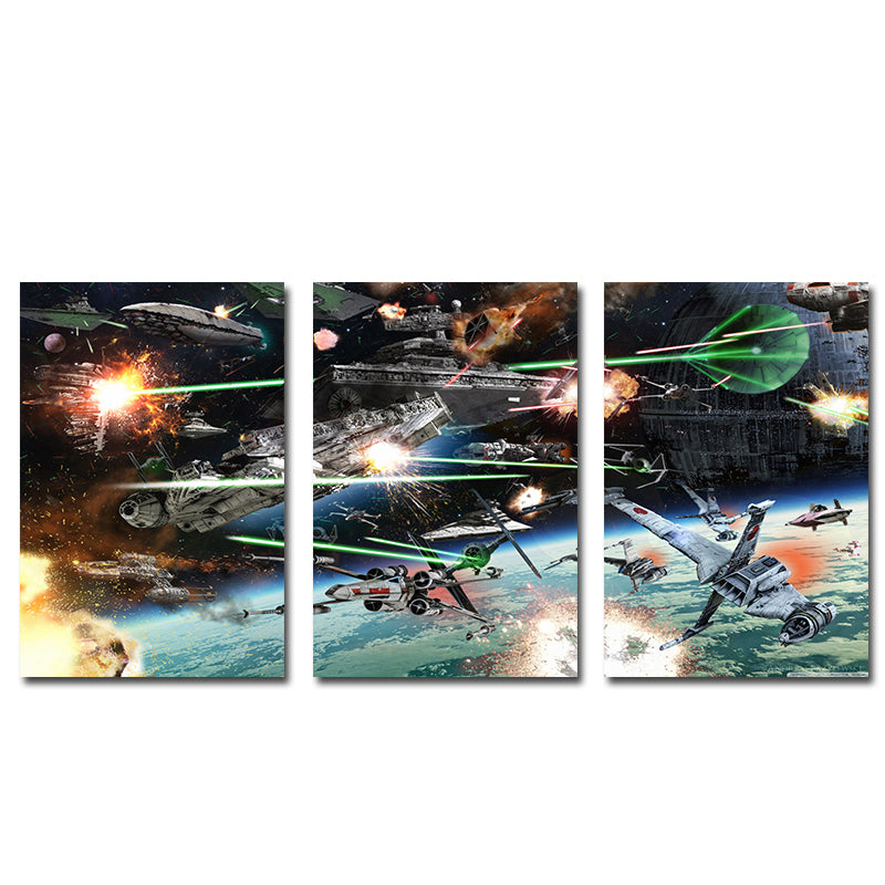 Miico Hand Painted Three Combination Decorative Paintings Spaceship war Wall Art For Home Decoration