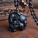 Black Obsidian Lucky Elephant Pendant Hand Carved Beads Necklace